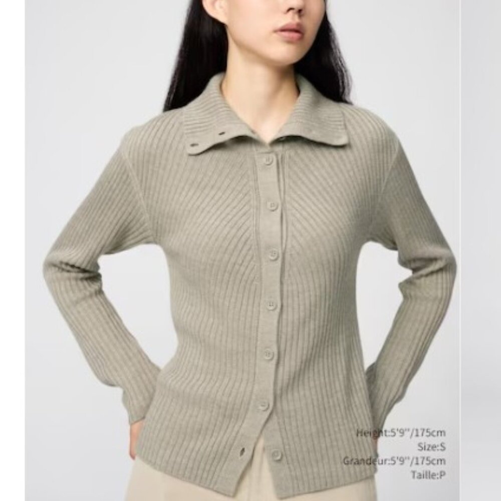 UNIQLO:U - Beige Ribbed Merino Blend High Neck Cardigan - S